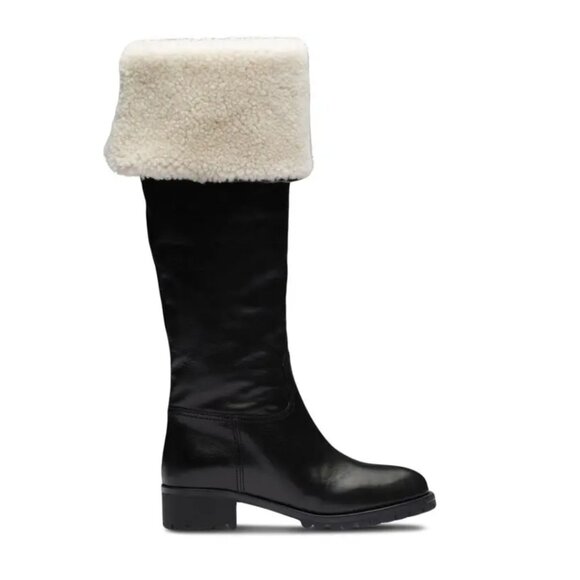 NWT Miu Miu Tall Boots Shearling Black Leather Round Toe Low Block Heels Sz 38 - Picture 1 of 11